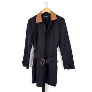 Lauren Ralph Lauren Black Trench Coat with Lamb Leather Collar